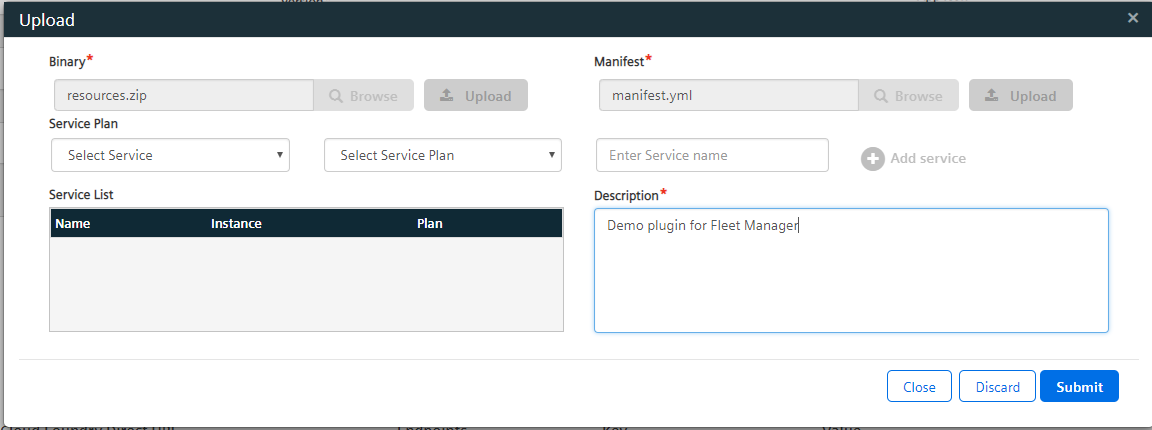 Fill in Manage Uploads dialogue for Cloud Foundry hosted applications in Developer Cockpit